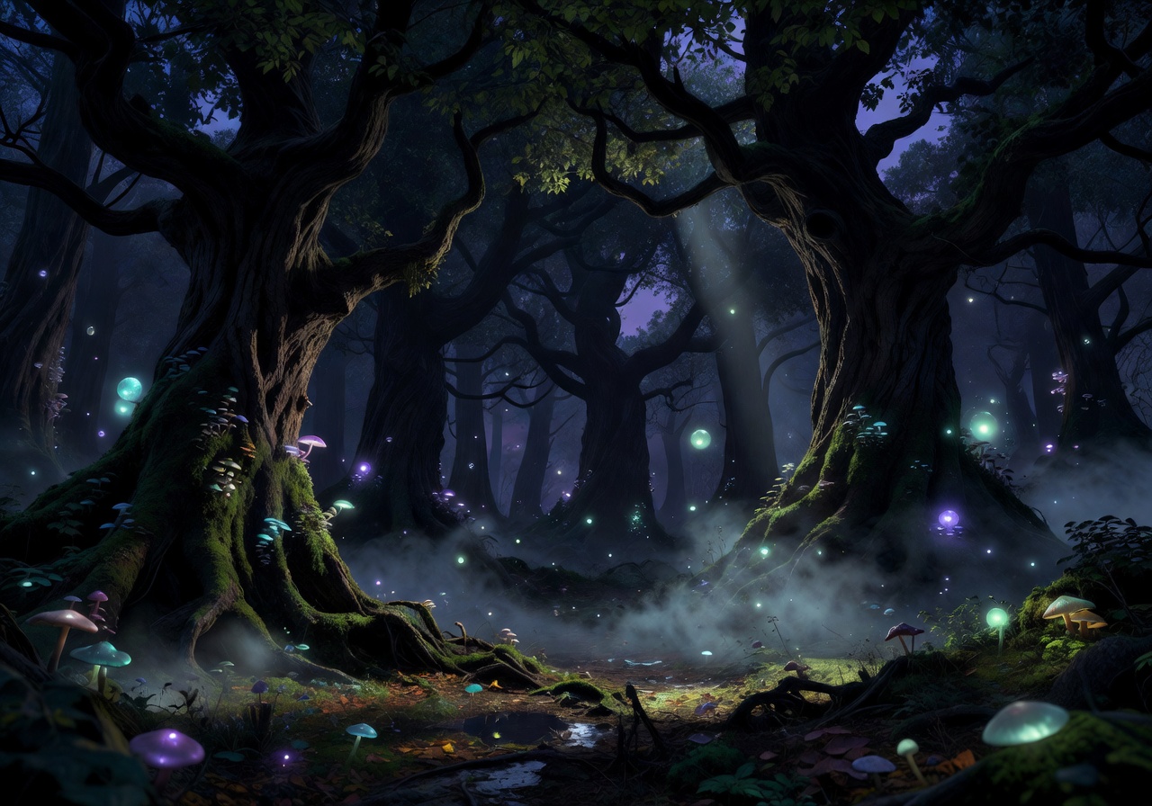 Dark mystical fantasy forest with glowing lights