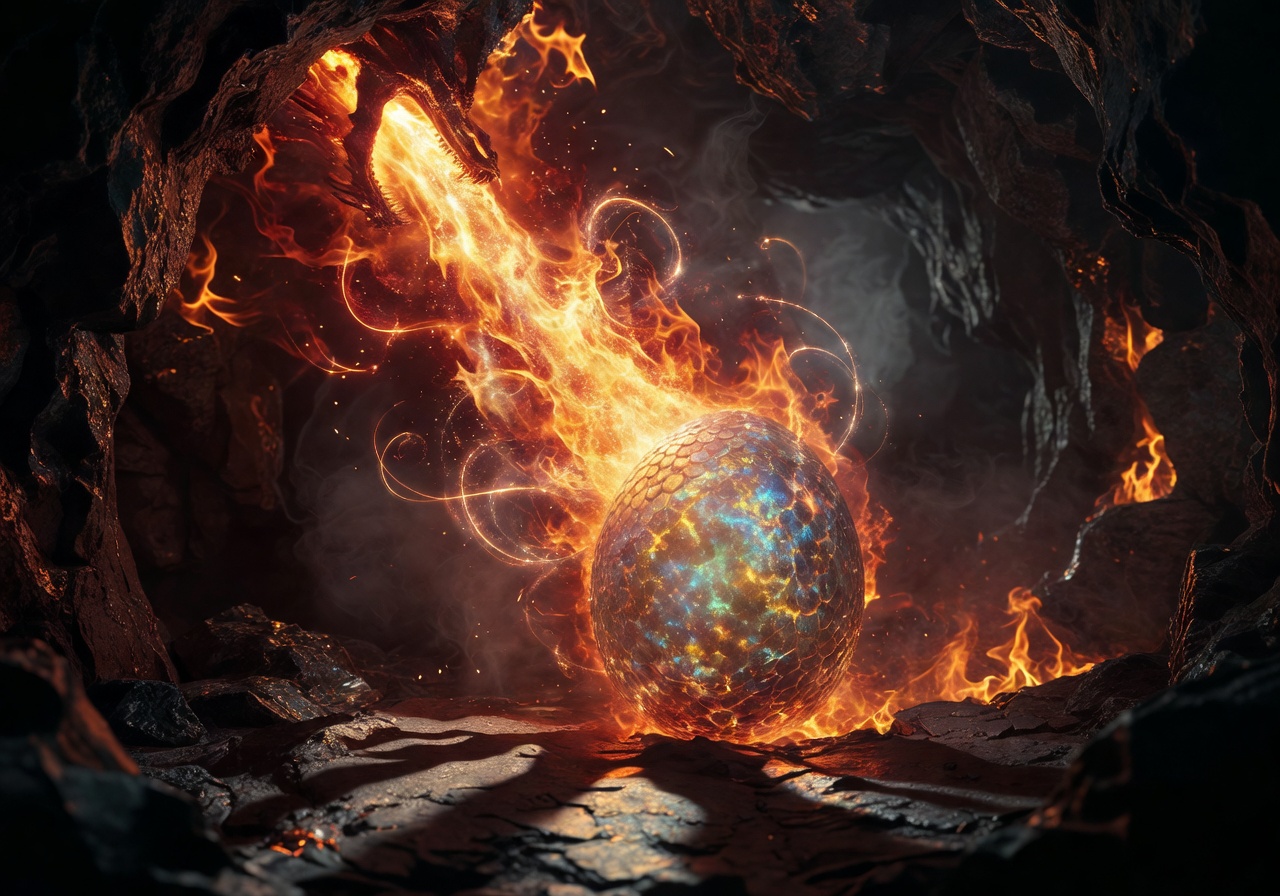 Fiery magical scene representing a dragon's breath and glowing egg