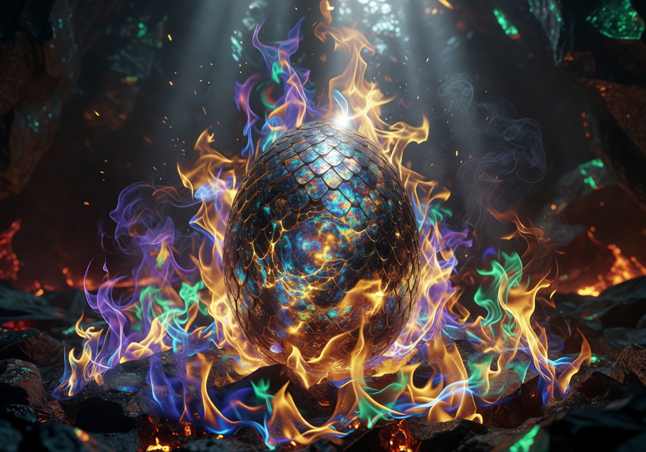 Mystical glowing dragon egg surrounded by fire